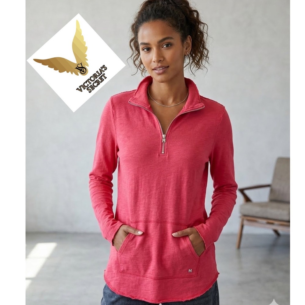 Victoria's Secret Pink Red Quarter Zip Pullover Fleece Angel Wing Logo Large